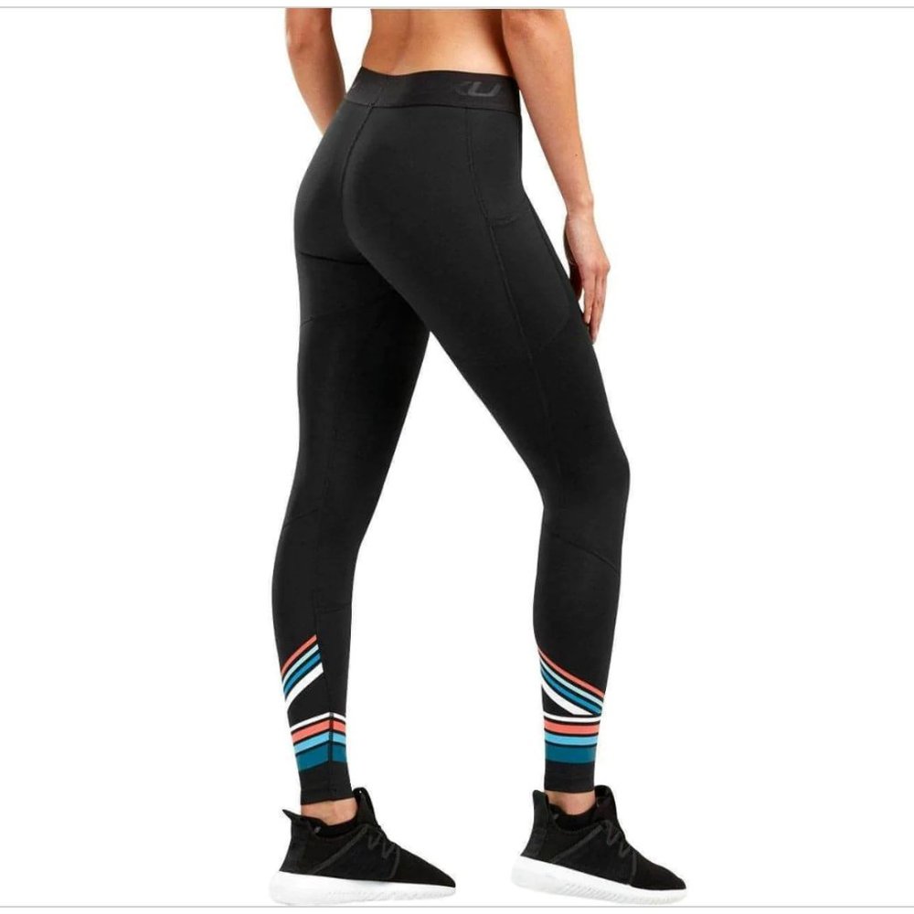 2XU Black Leggings with Blue, White, and Red Striped Ankles